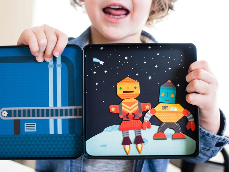Petit Collage Magnetic Play Set, Robot Remix â€“ Mix & Match Magnetic Game Board, Ideal for Ages 3+ â€“ Includes 2 Magnetic Scenes and over 25 Magnet Pieces, Ideal Travel Activity for Kids - Image 4